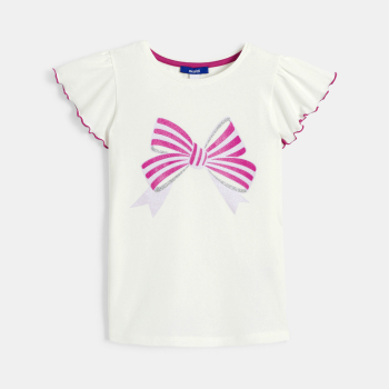 تيشيرت بأكمام قصيرة مزين بربطة، باللون الأبيض للفتيات